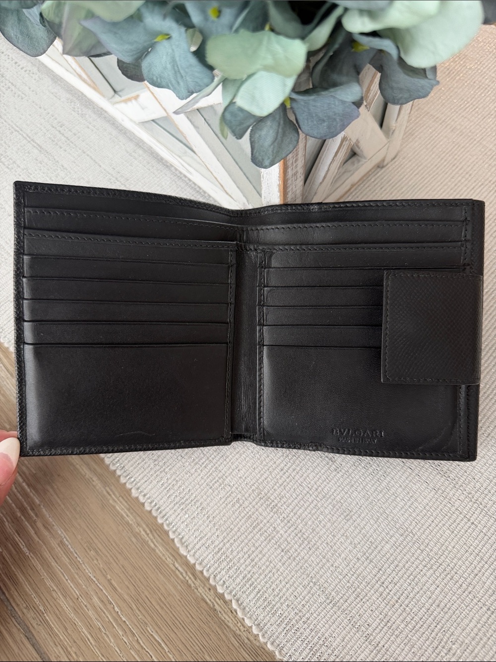 Bulgari Black Textured Leather Compact Wallet with Signature Ring - Picture 9 of 12